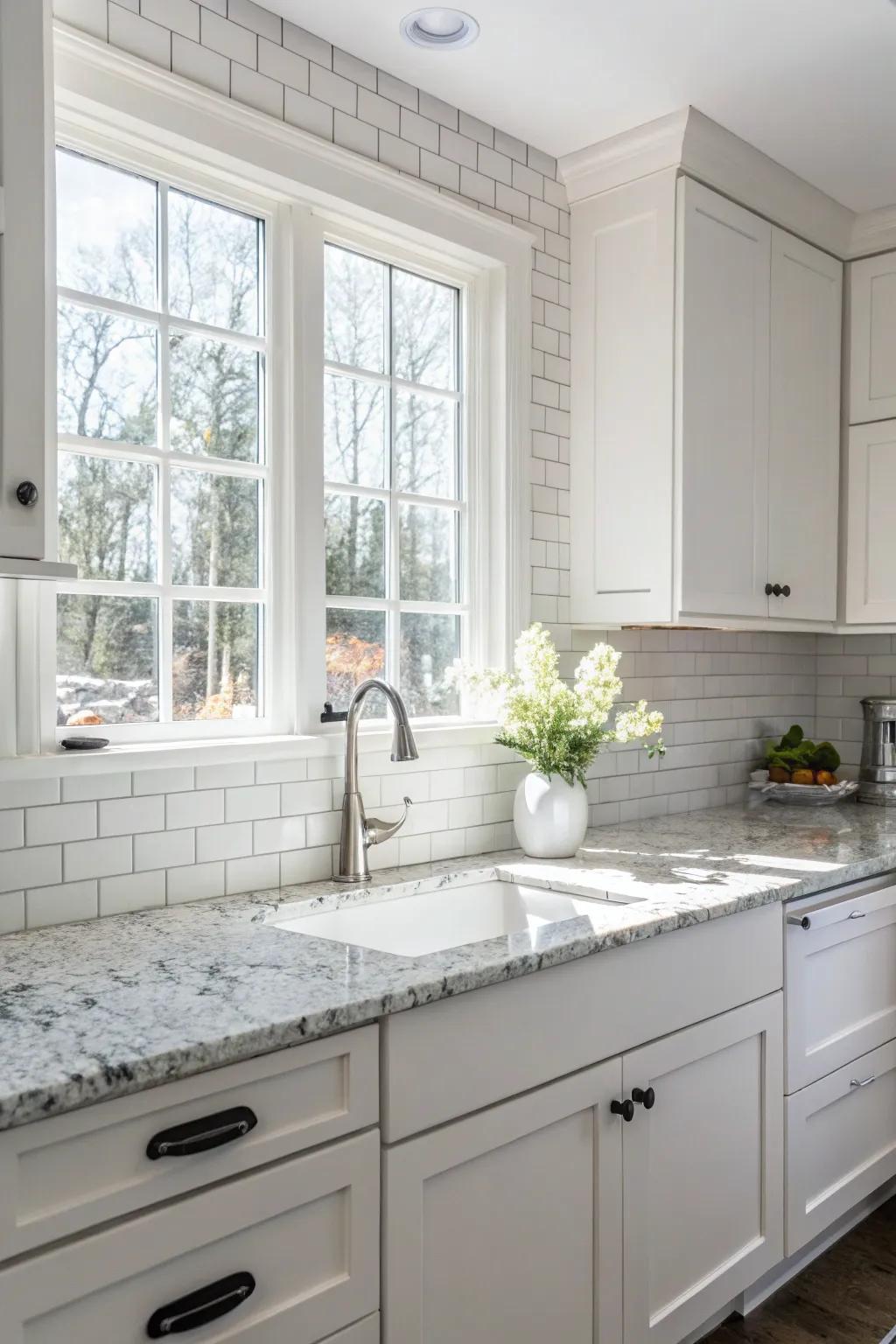 A seamless, minimalist design featuring white ice granite and white cabinetry.