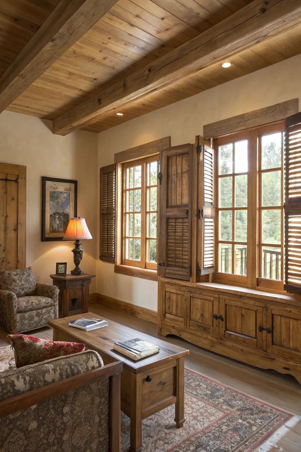 Wooden shutters add a touch of rustic charm to casement windows.