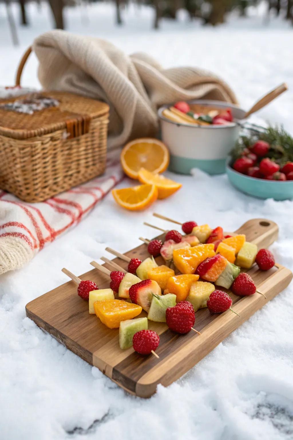 Winter fruit skewers add a refreshing touch.