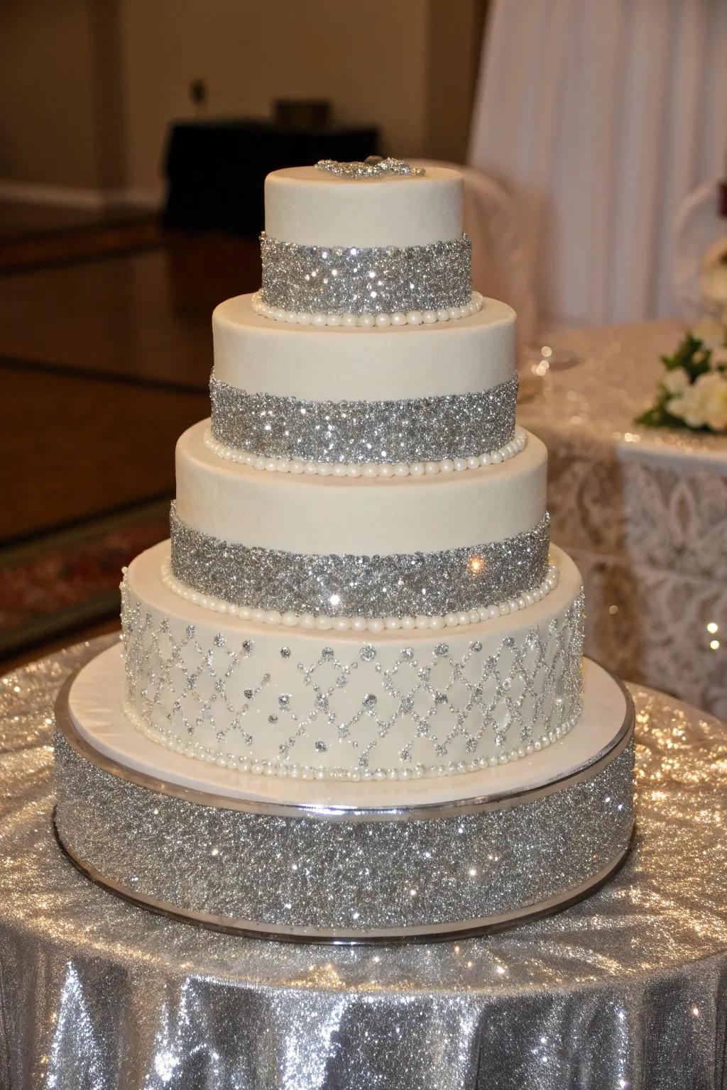 Silver glitter adds a touch of sparkle to this elegant winter cake.