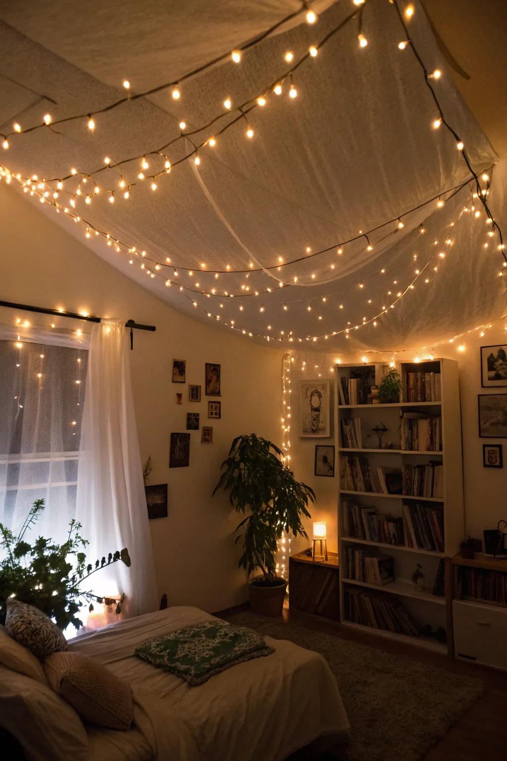 Fairy lights add a warm, magical ambiance.