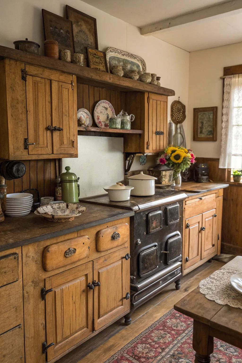 An antiqued wood finish bringing history and charm to the kitchen.