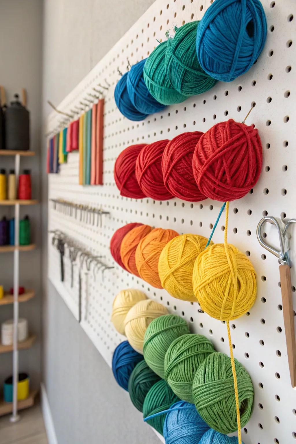 A pegboard wall transforms yarn into a colorful art piece.