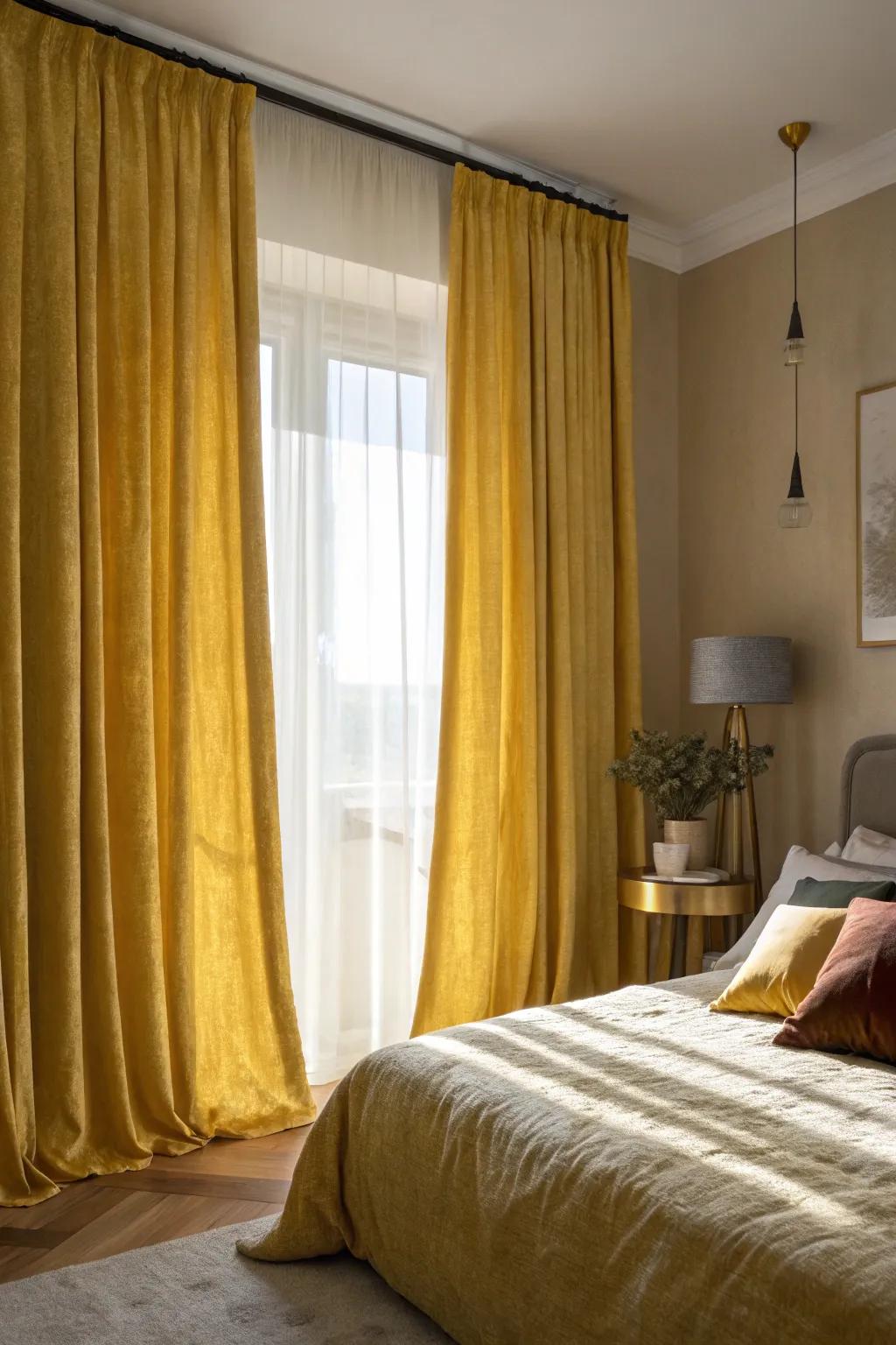 Textured yellow curtains in velvet and linen bring depth and interest to the bedroom.