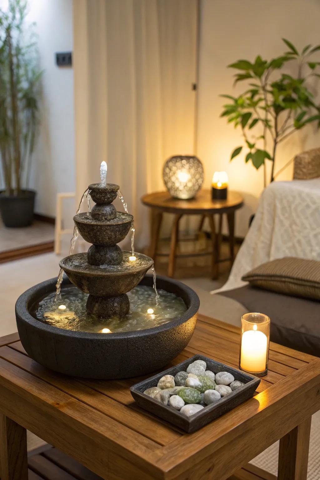 A small water feature adding a soothing element to the space.