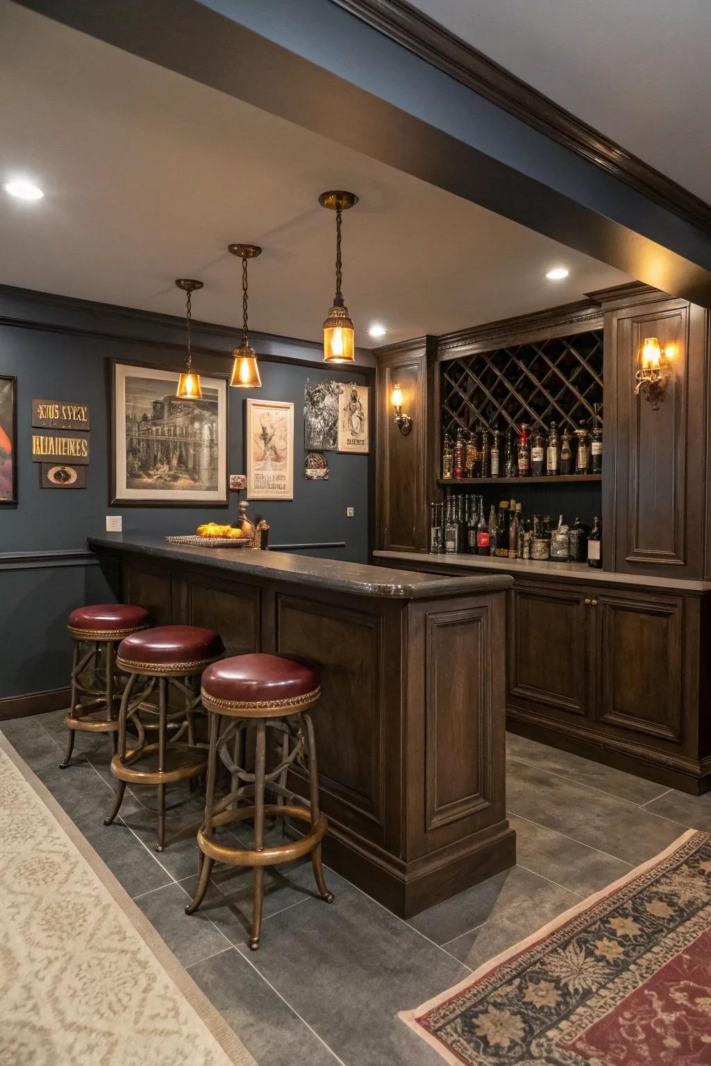 A built-in bar enhances the basement's social aspect.