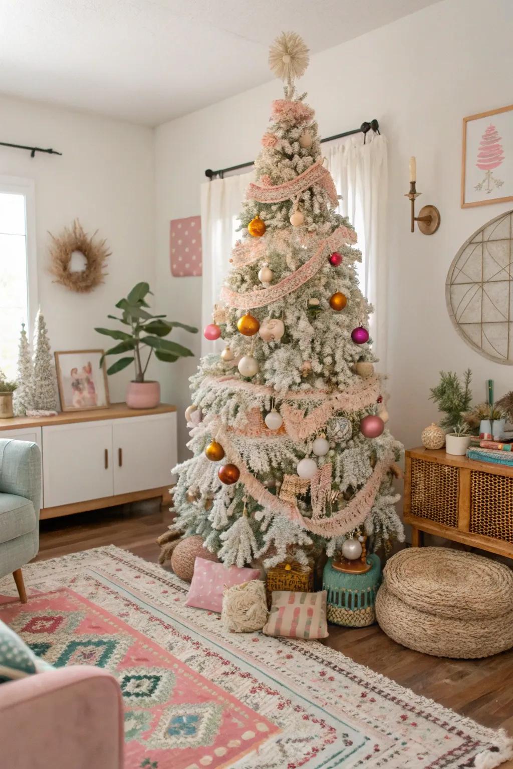 A bohemian-themed Christmas tree with macramé ornaments and pastel hues.