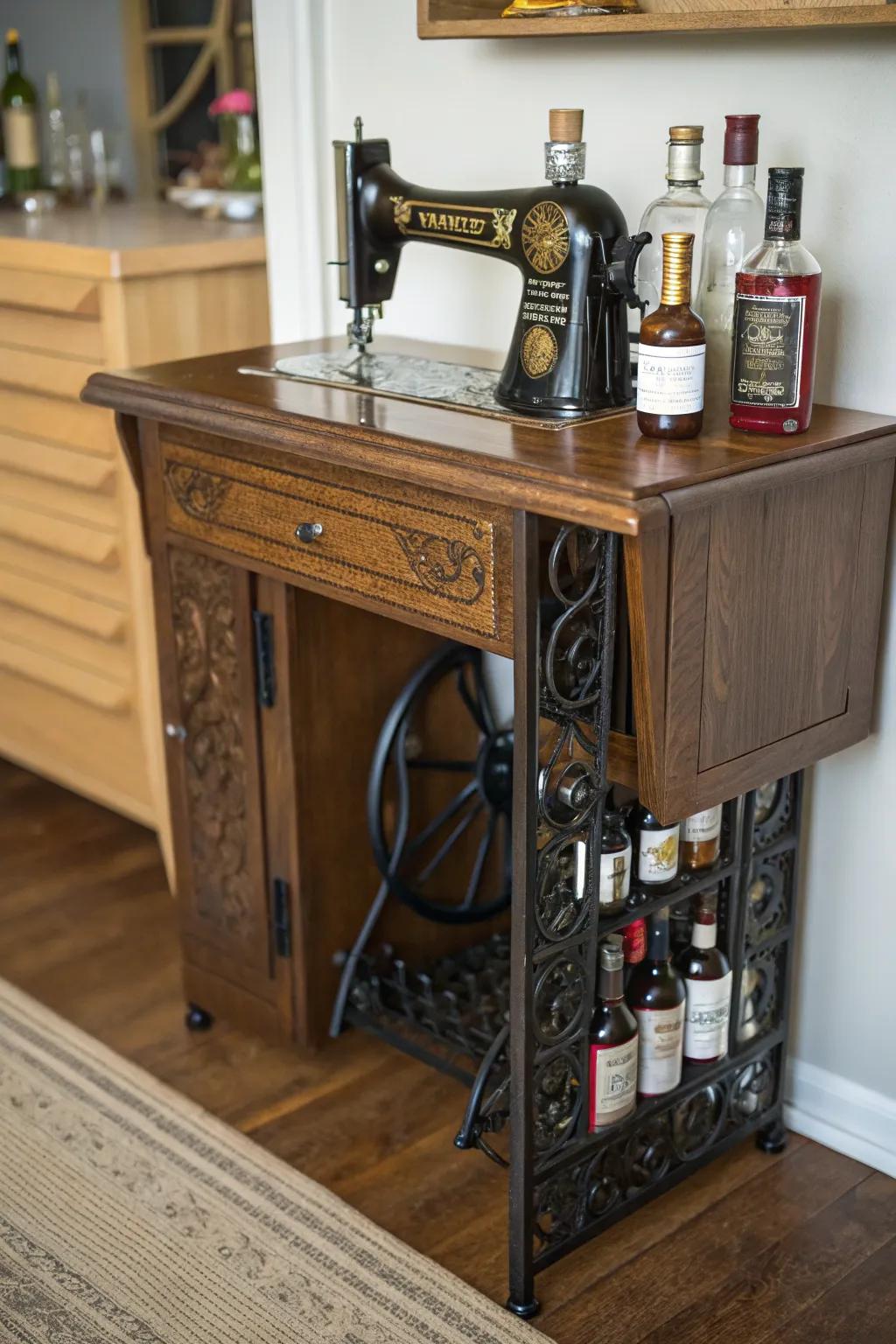 A vintage sewing machine cabinet creatively repurposed to store liquor bottles.