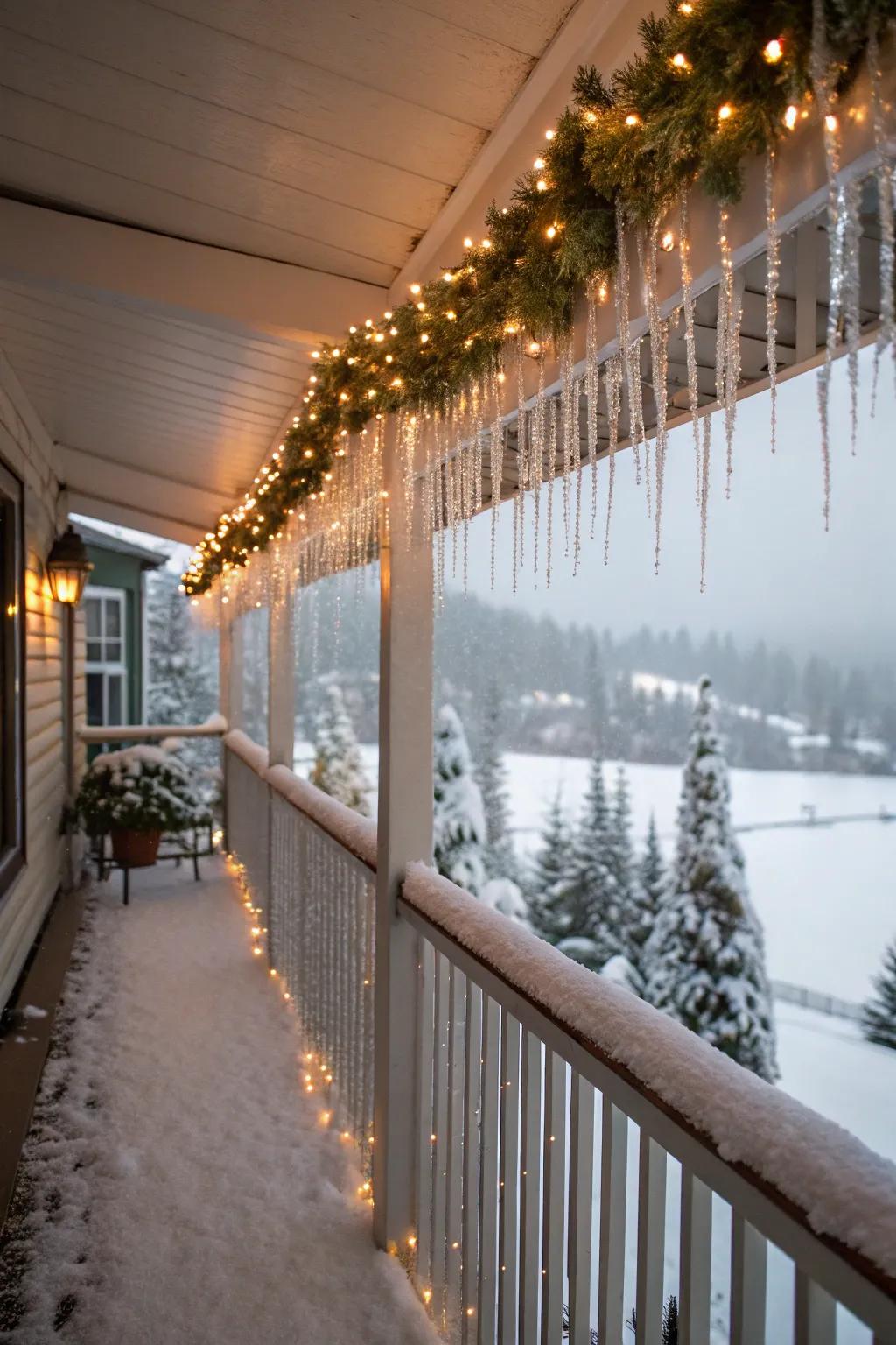 A winter wonderland theme transforms this balcony into a festive haven.