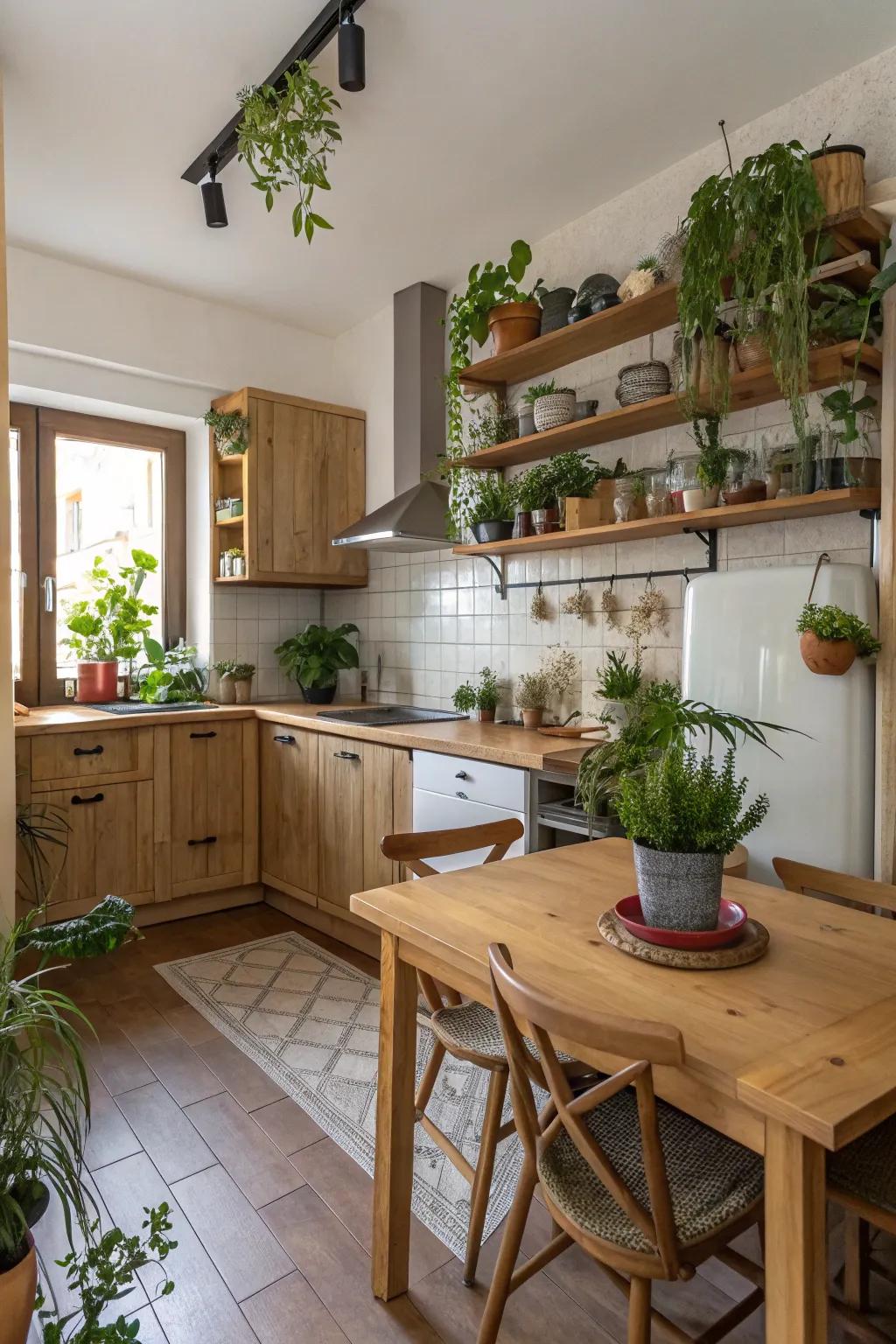 Natural elements breathe life into a compact kitchen.