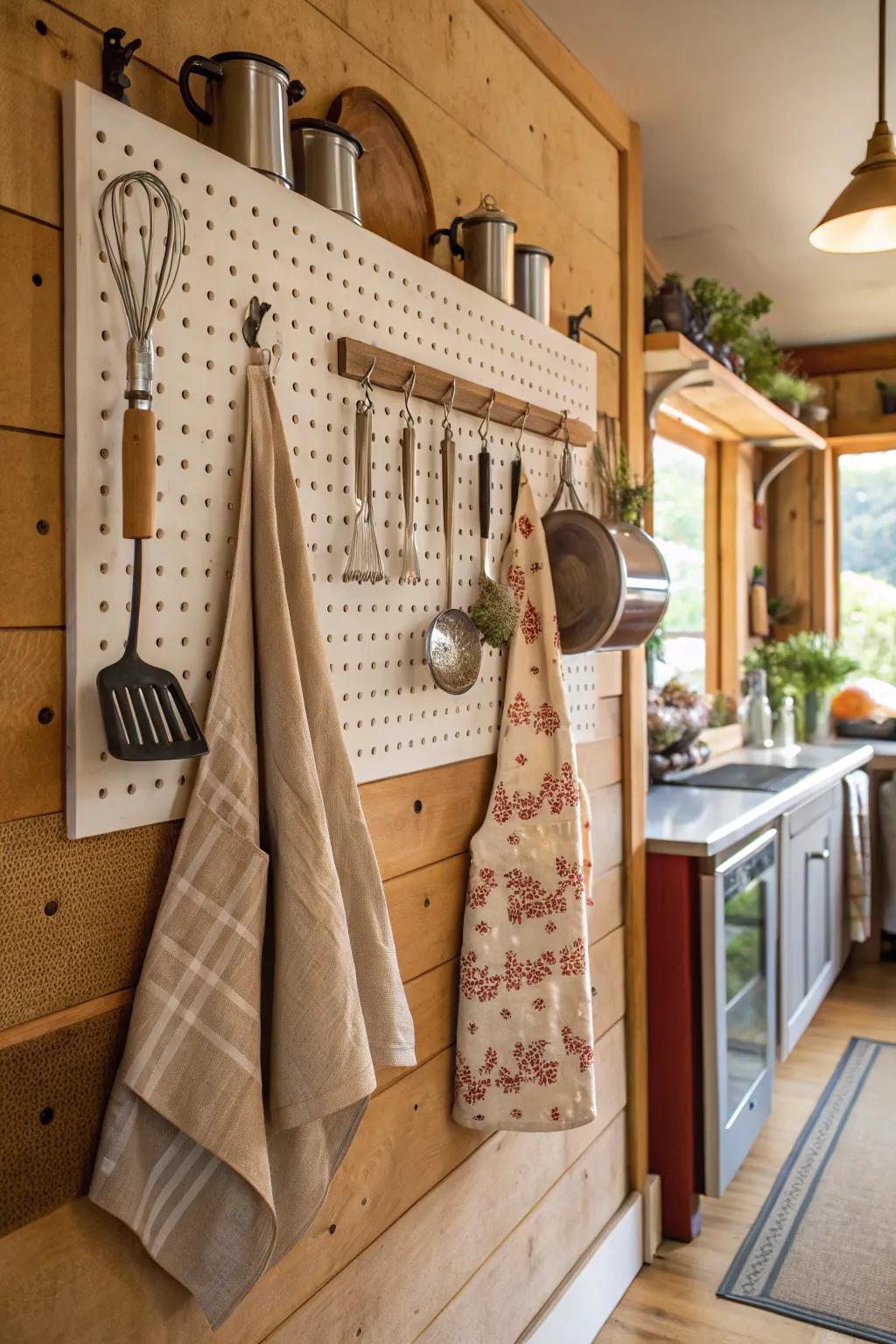 A peg board offers style and functionality for apron displays.