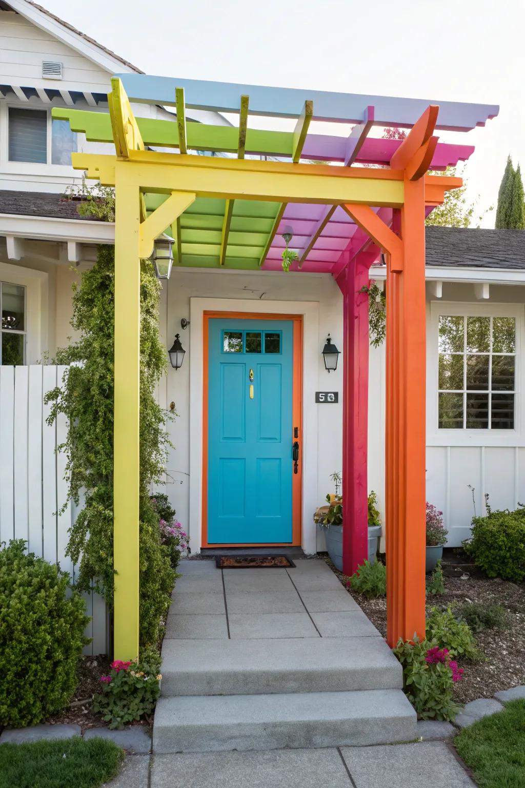 A boldly colored arbor for a vibrant and contemporary entrance.