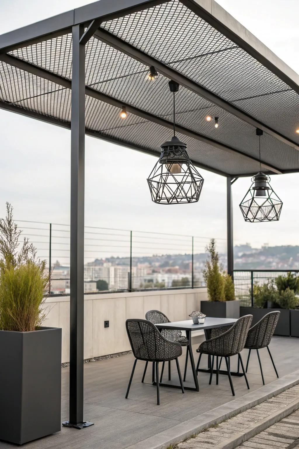 Achieve an industrial look with a metal mesh awning.