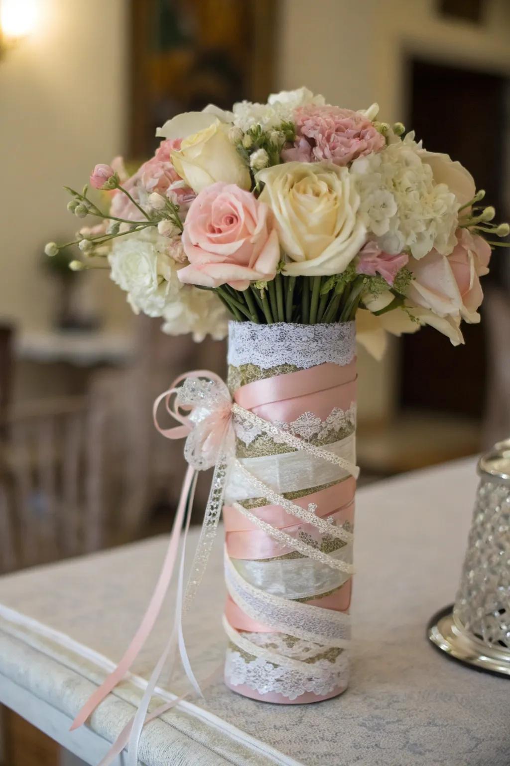 Elegant centerpiece with layered ribbons and lace.