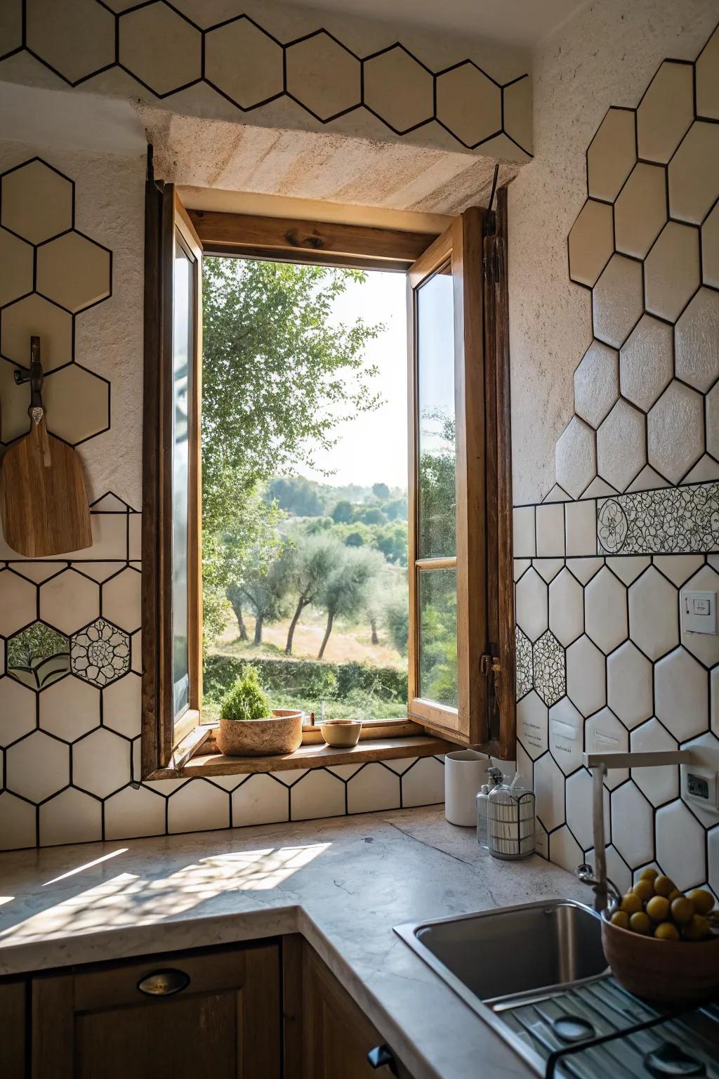 Geometric hexagonal tiles creating a unique design around a kitchen window.