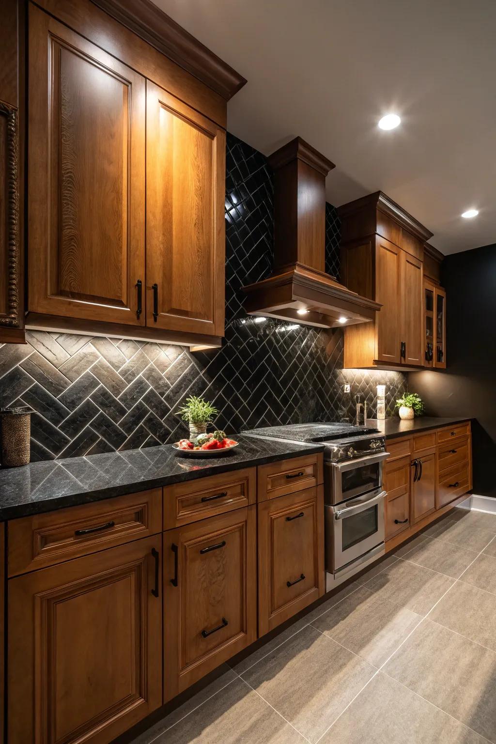 A high-contrast backsplash creates a dramatic effect with maple cabinets.