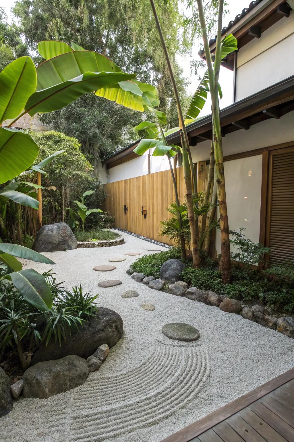 Create a tranquil Zen garden with the tropical touch of banana trees.