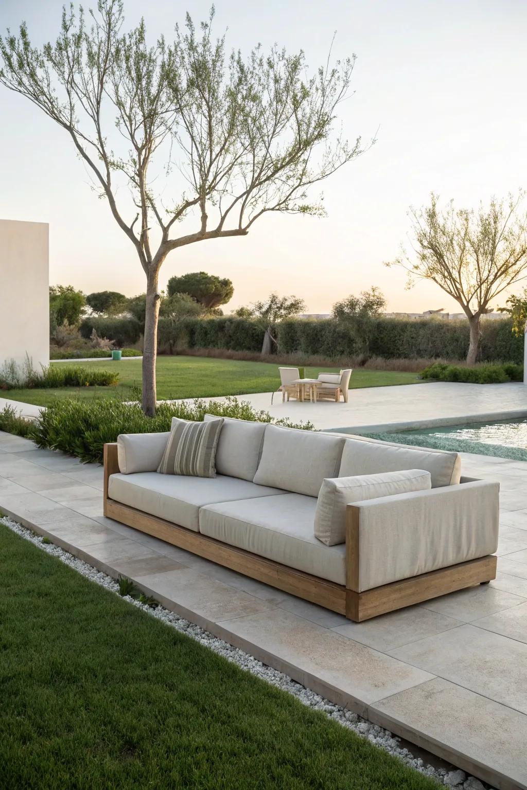 Minimalist couches offer a serene and simple outdoor retreat.