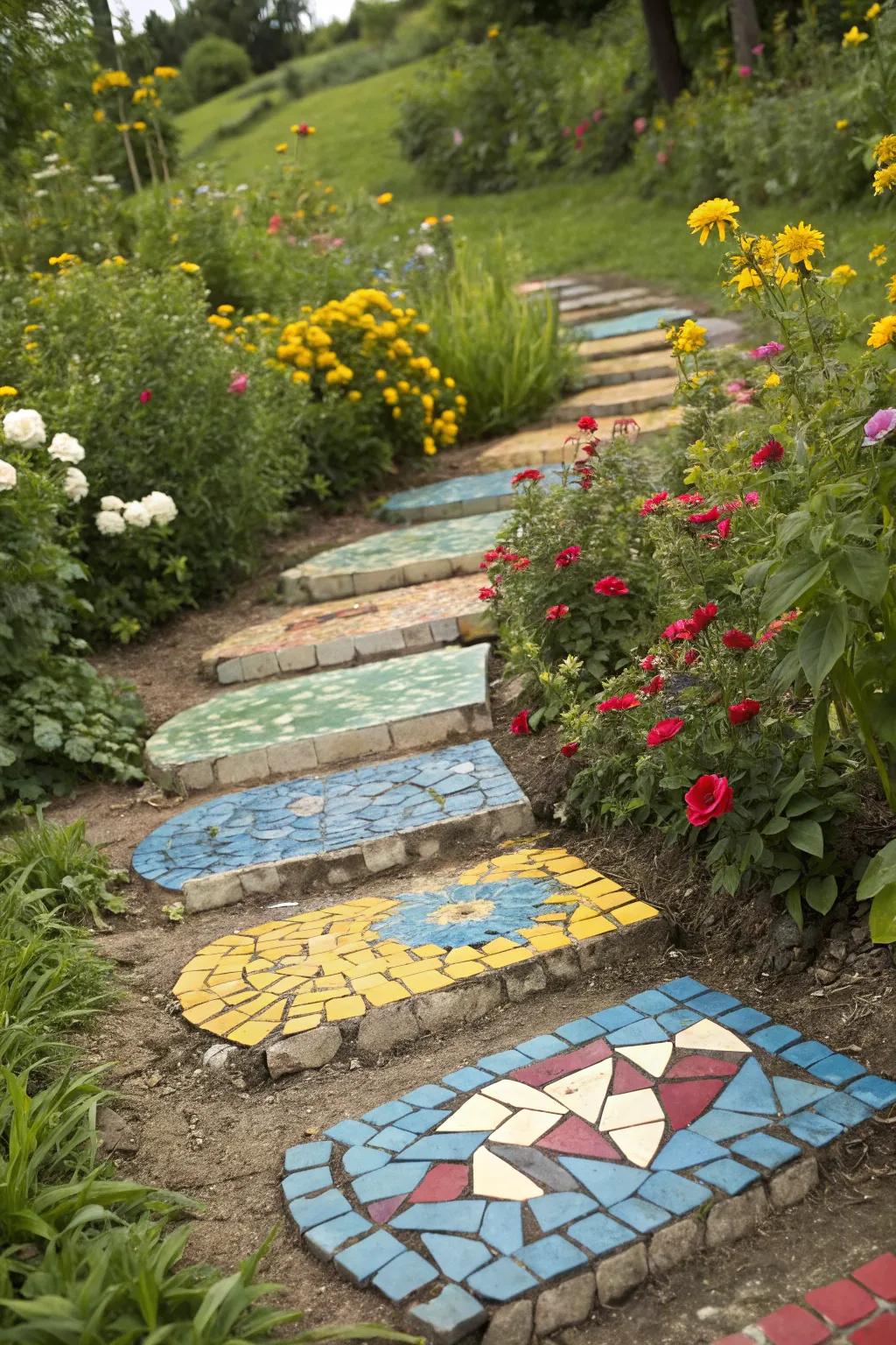 DIY mosaic stones add personal style and color to paths.