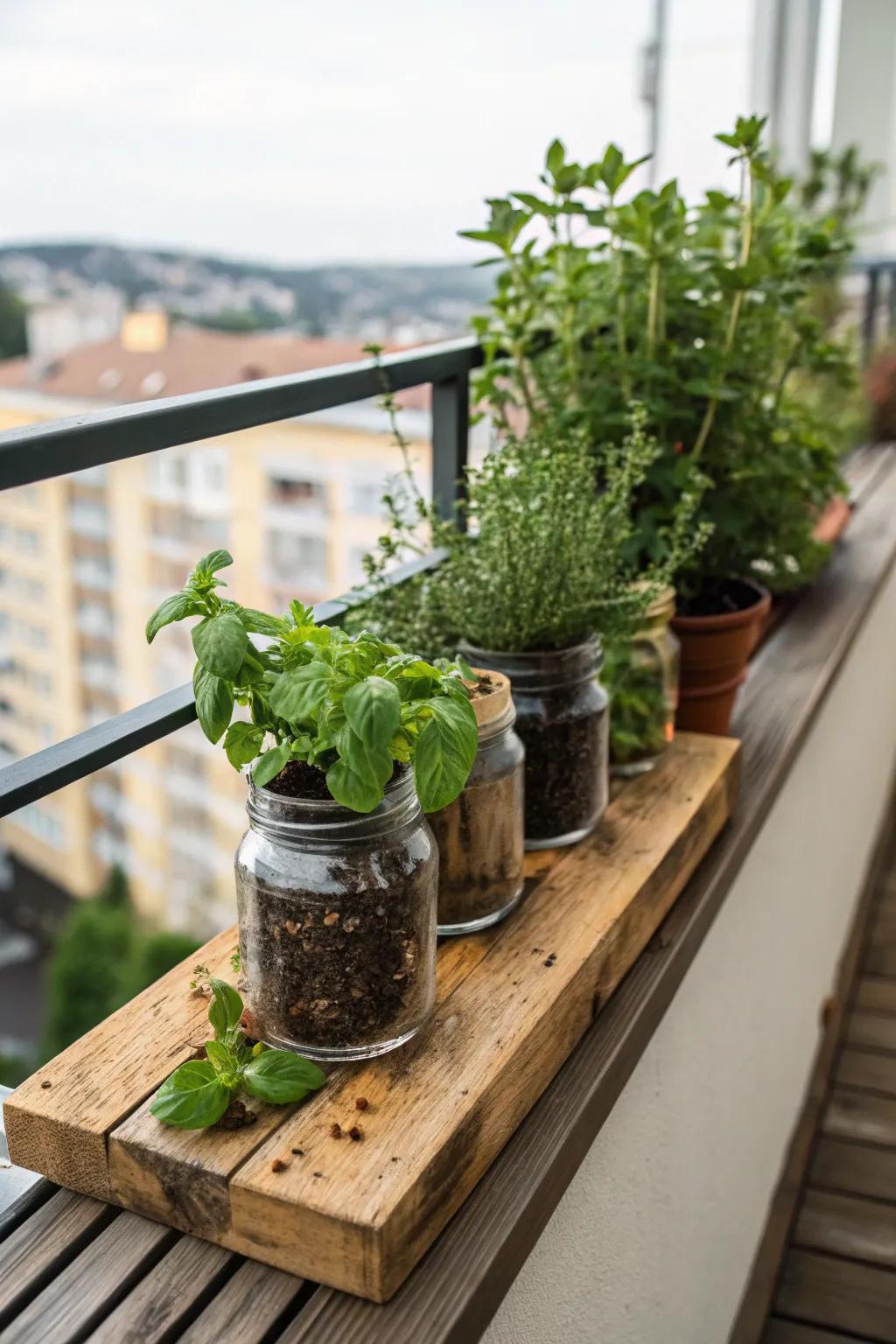 Mason jars are perfect for a stylish and space-saving herb garden.