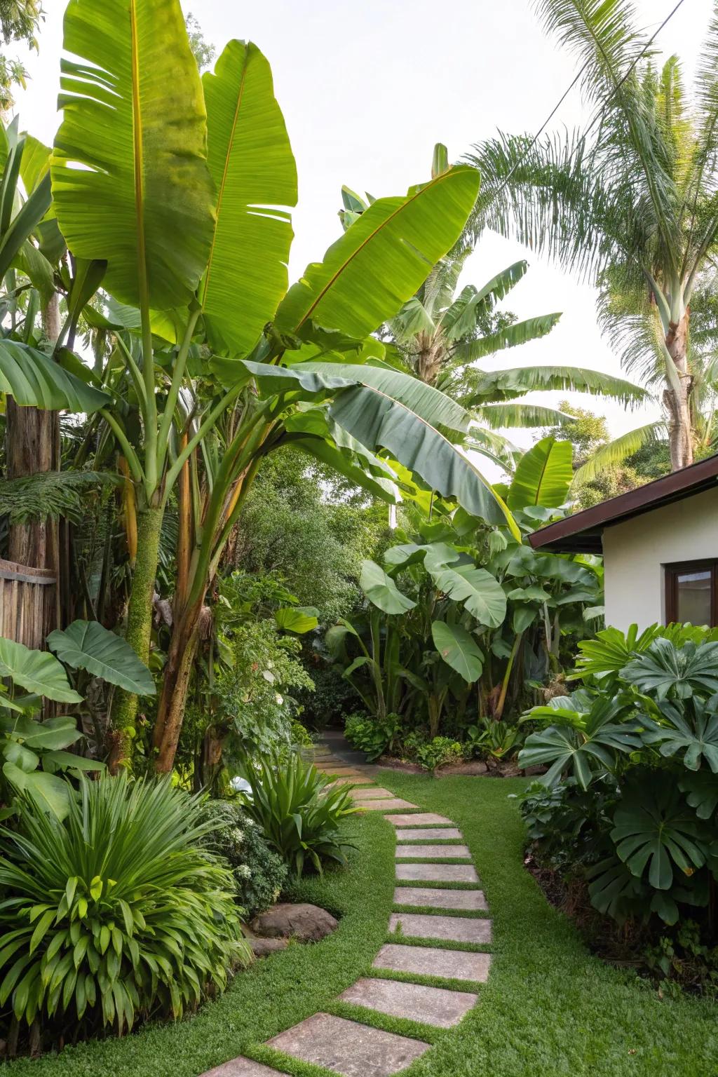 Create an exotic feel with complementary foliage around banana trees.