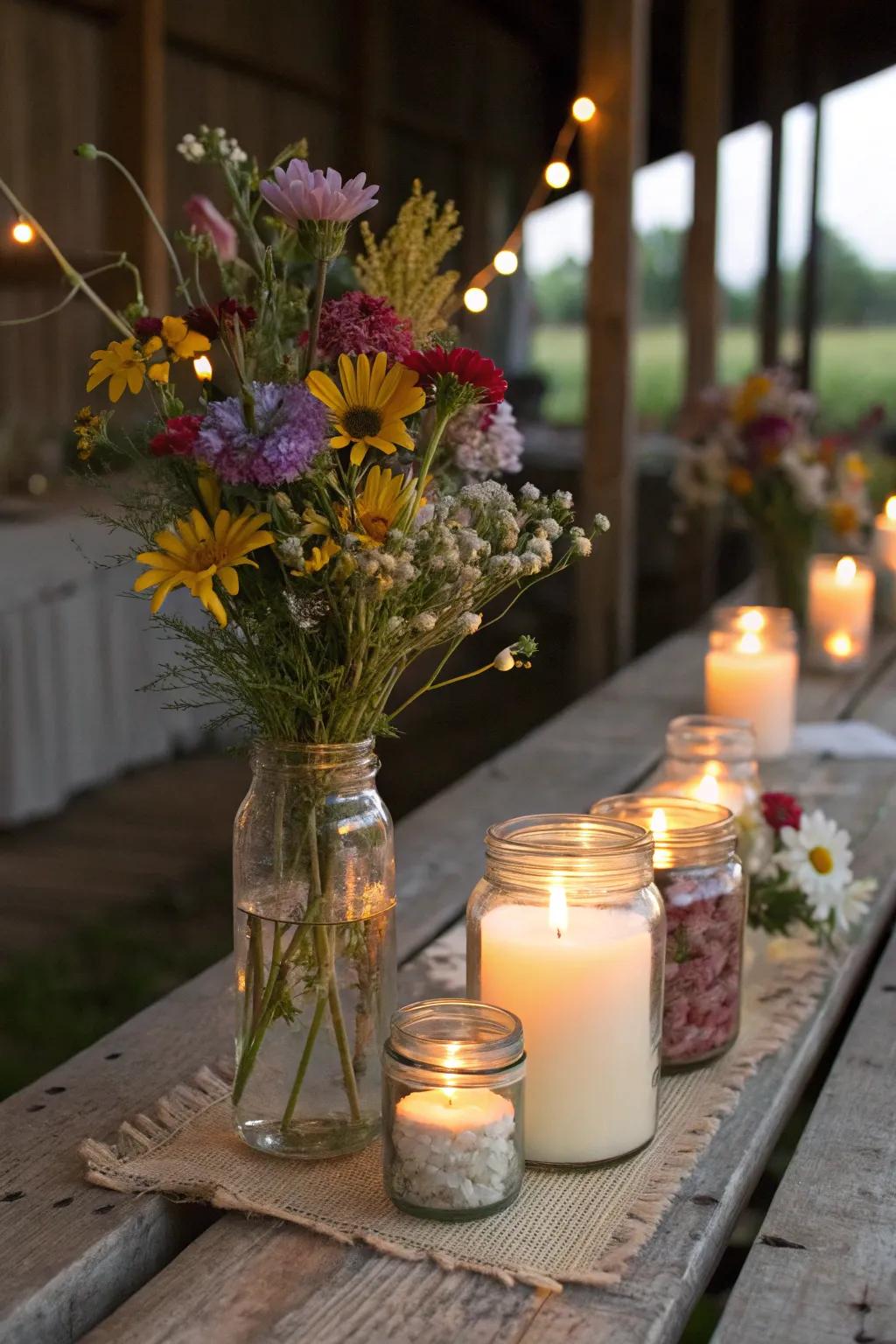 Mason jars add a quaint charm to the table settings.