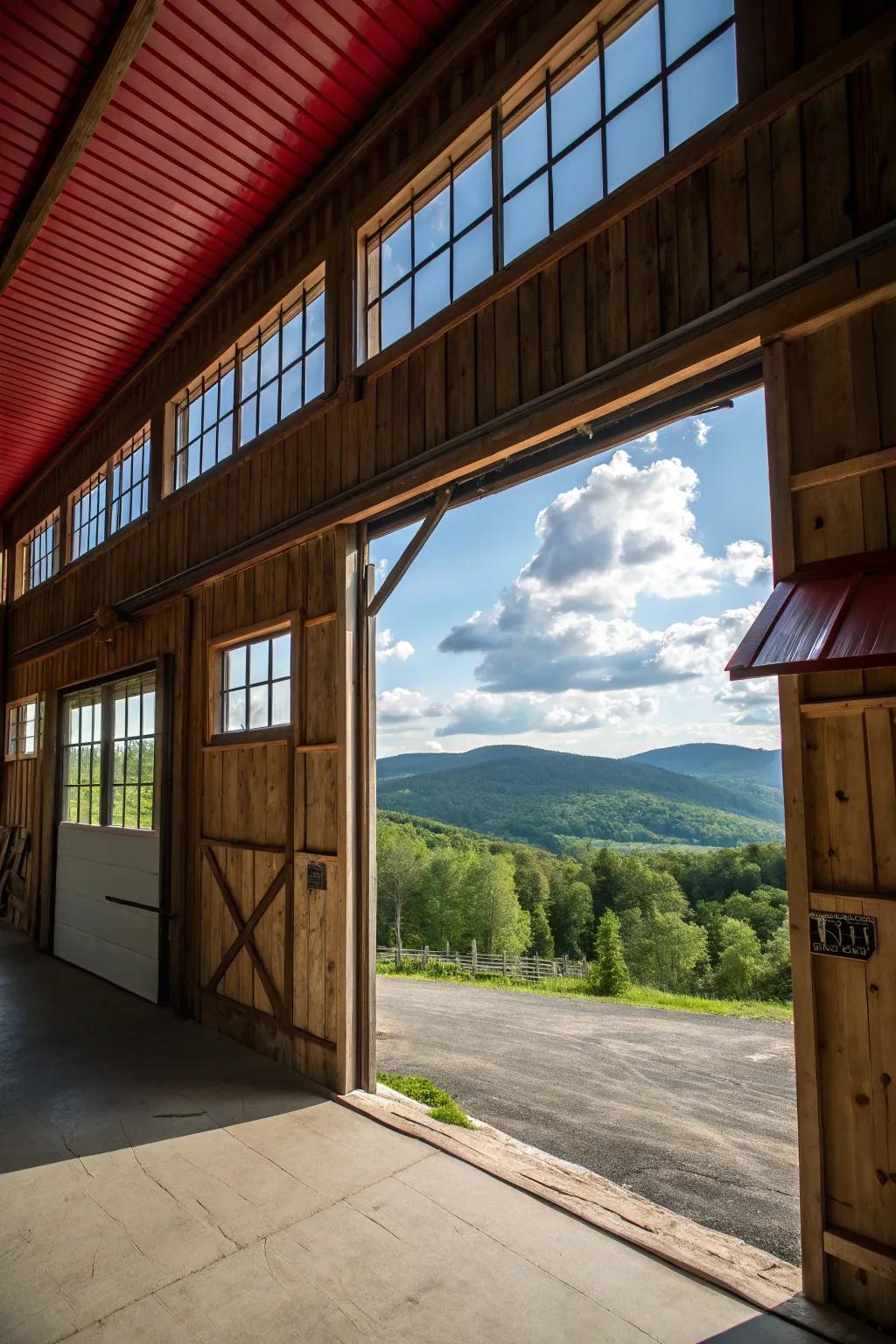 Large windows connect the barn garage with the beauty of nature.