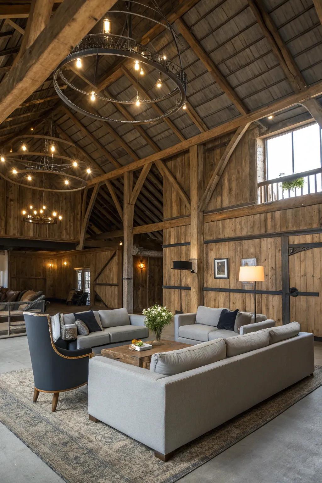 A barn loft that balances rustic charm with modern design elements.