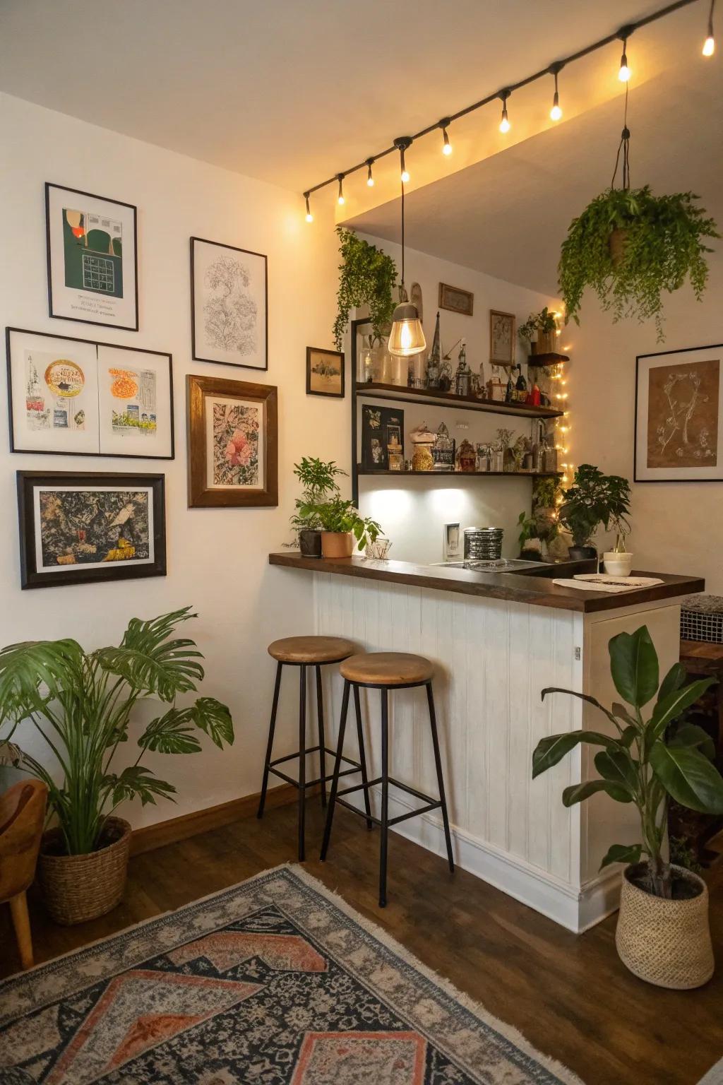 Artwork and plants elevate a bar area, adding personality and flair.