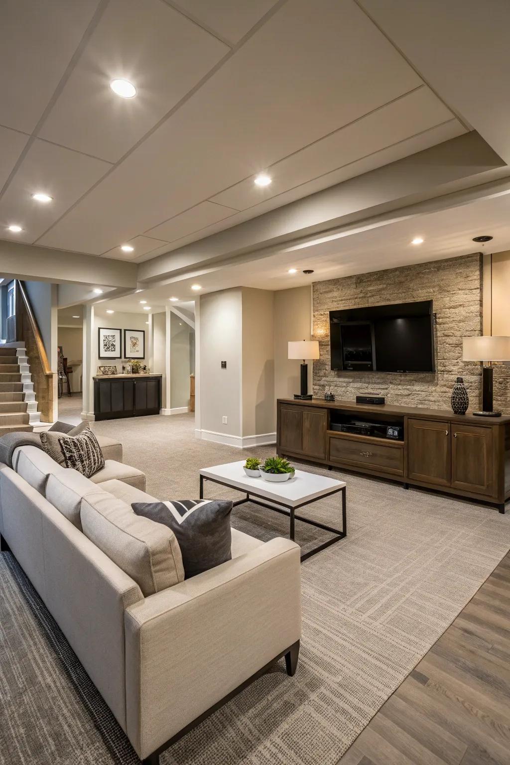 An open layout creates a sense of spaciousness in this basement retreat.