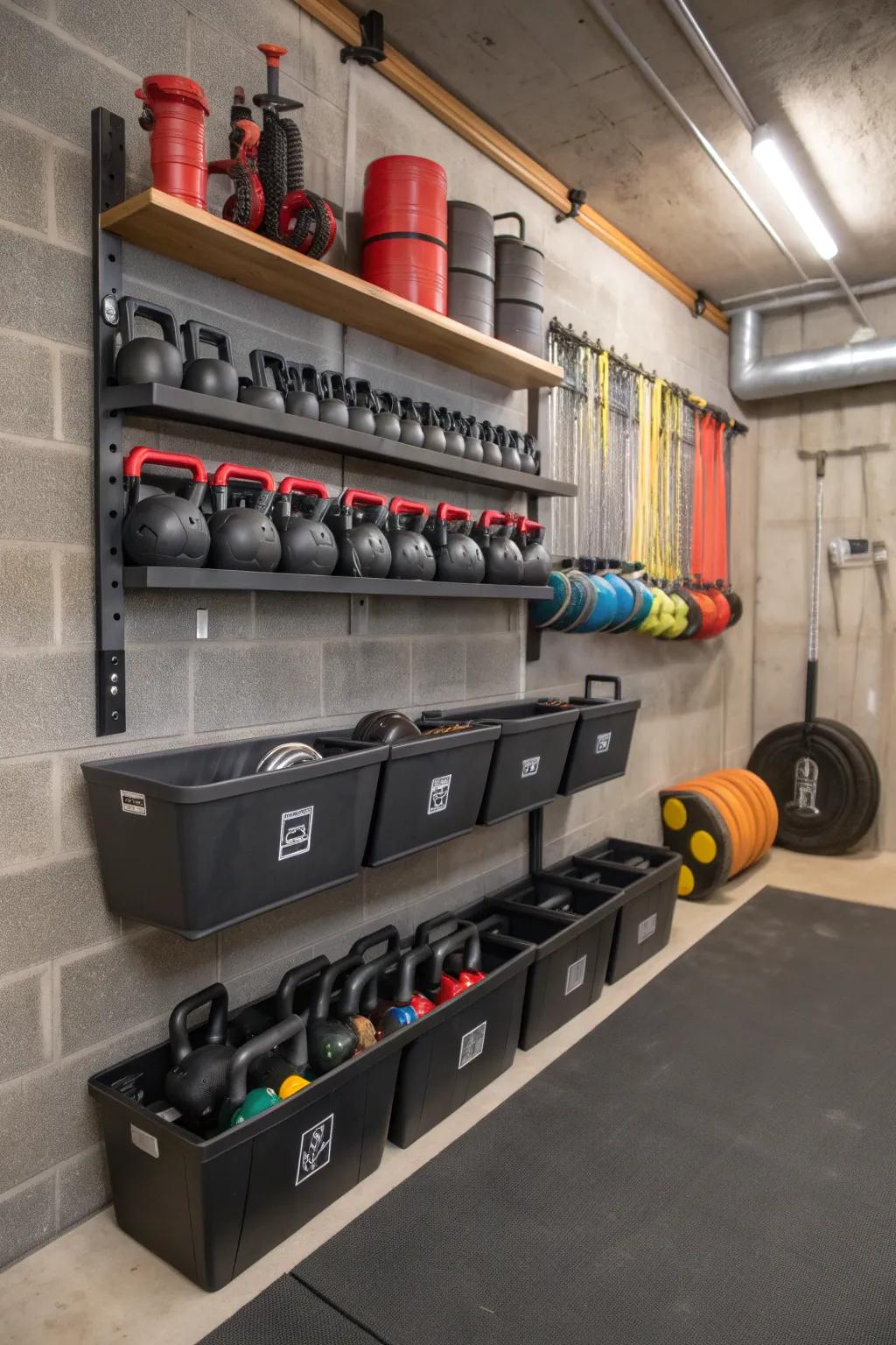 Efficient storage solutions keep your gym tidy and accessible.