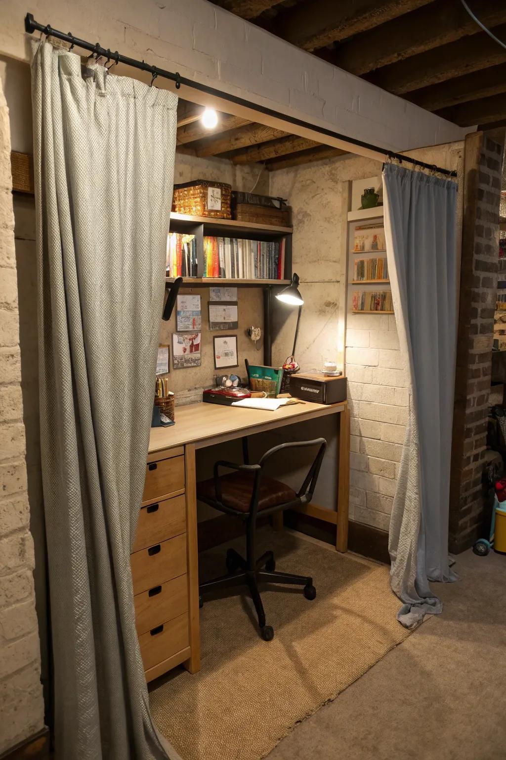 A hidden workspace keeps the basement neat.