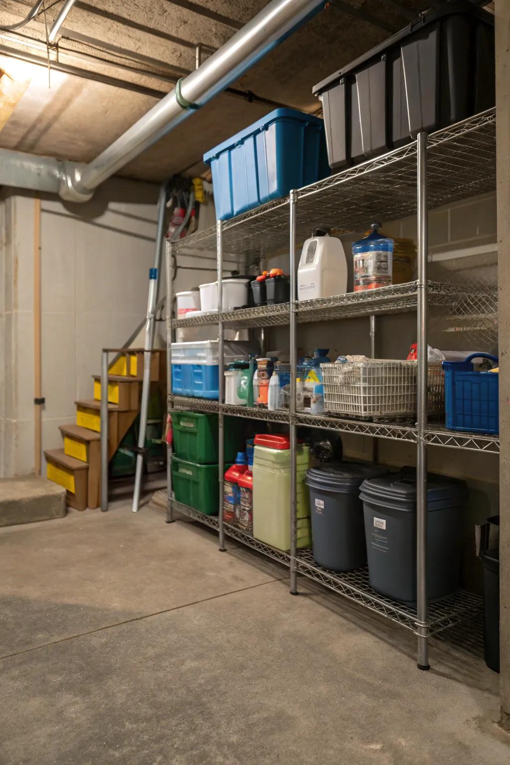Wire shelving units provide easy maintenance and great airflow.