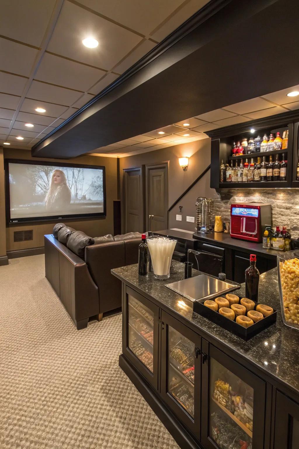 A snack and beverage bar adds convenience and a touch of luxury to your home theater.