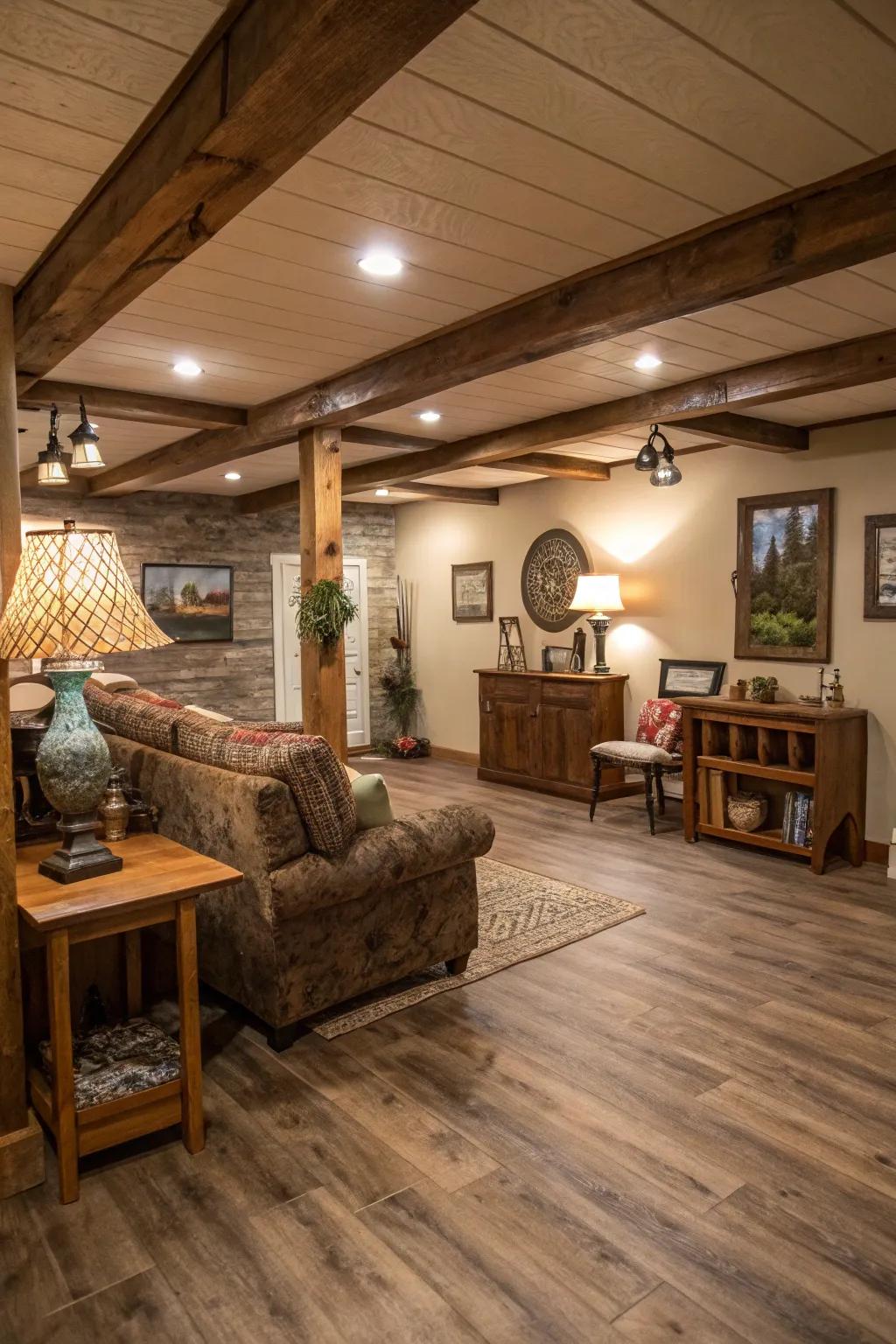 Wide plank vinyl flooring adds rustic charm.