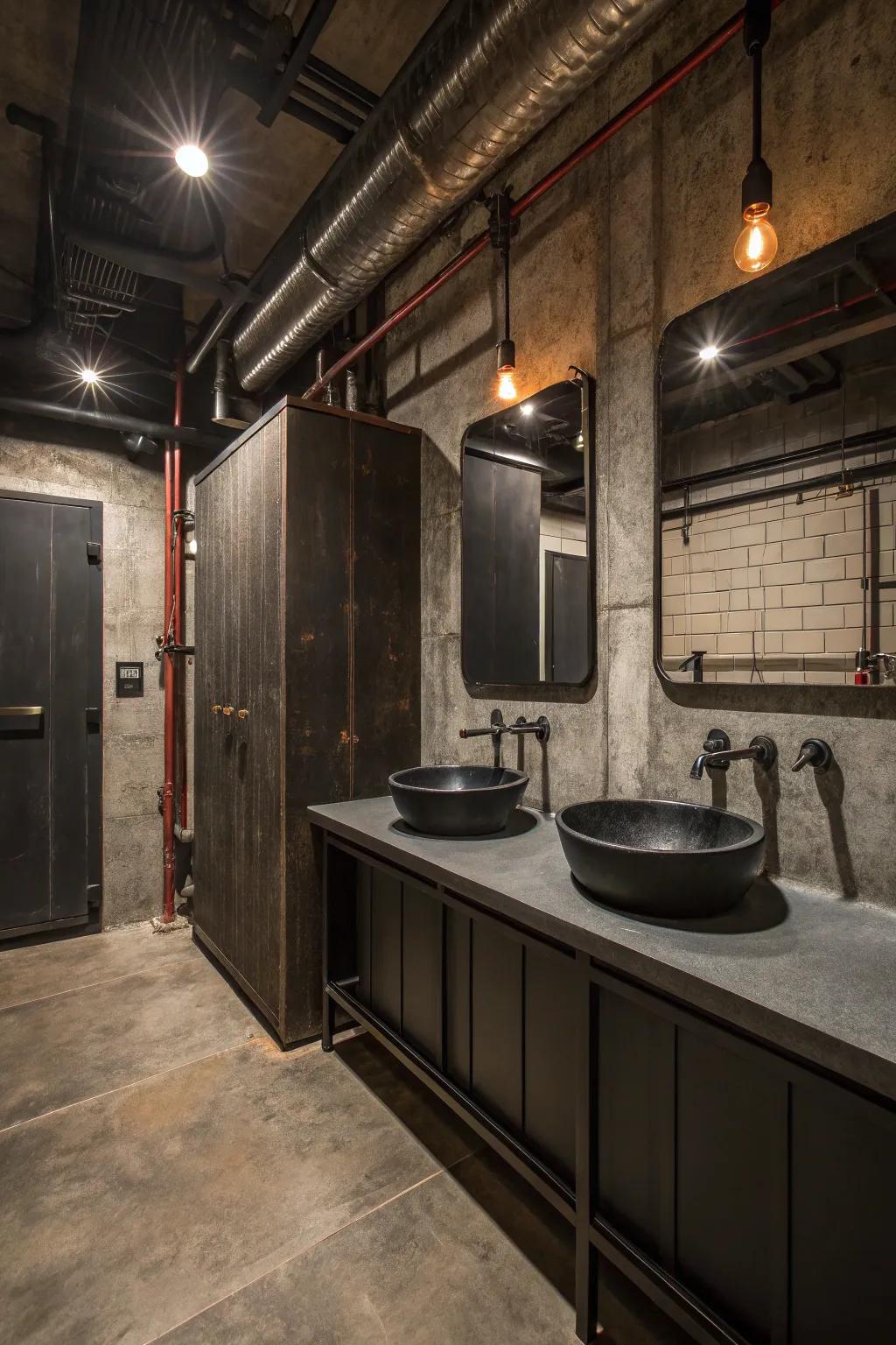 An industrial chic bathroom featuring metal accents and dark tones.