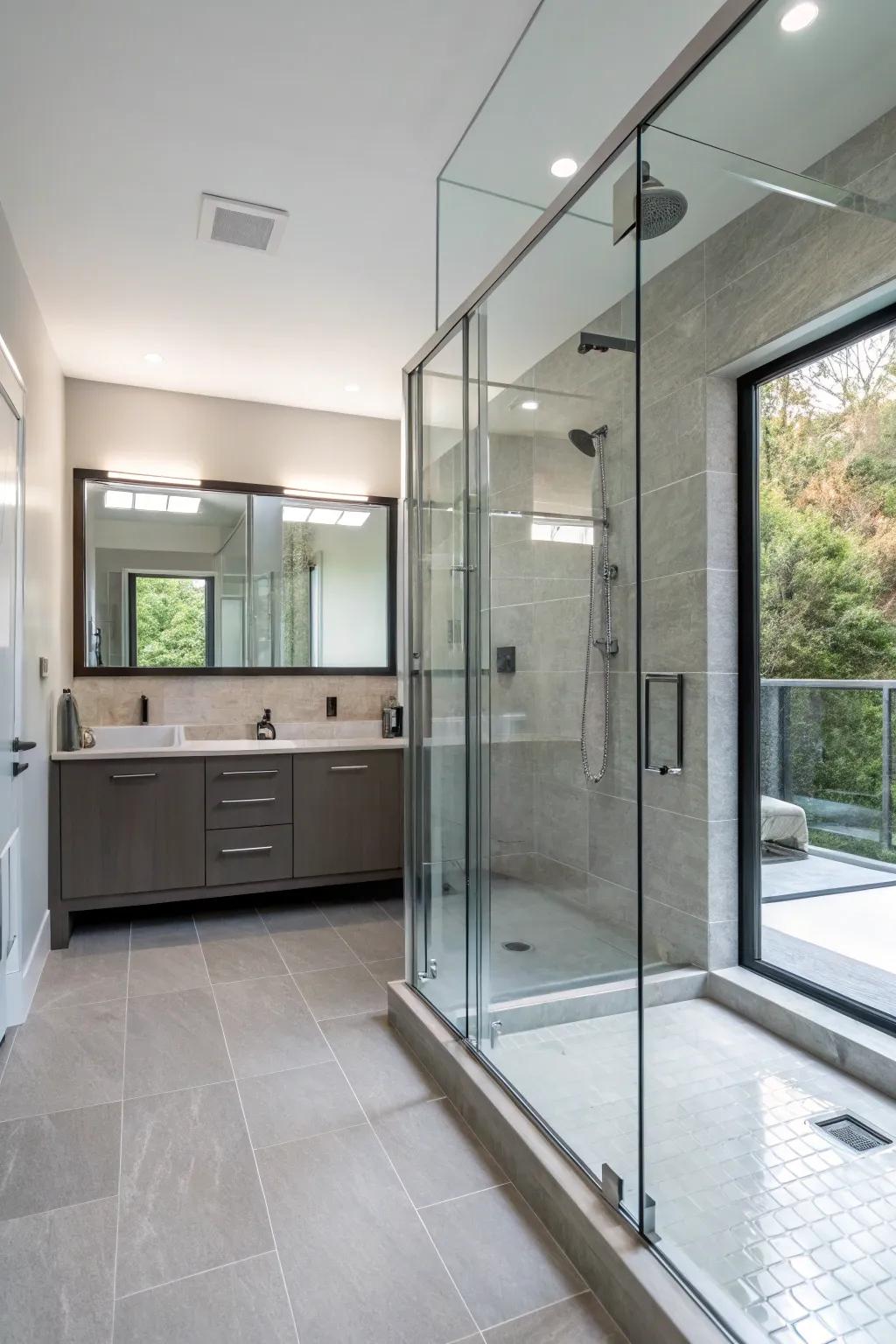 A sleek walk-in shower that enhances modern bathroom design.