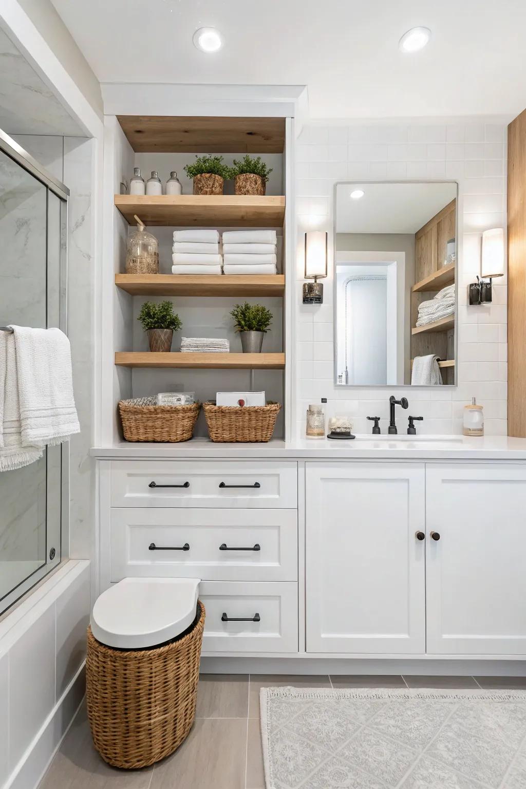 Smart storage solutions keep your bathroom organized and chic.