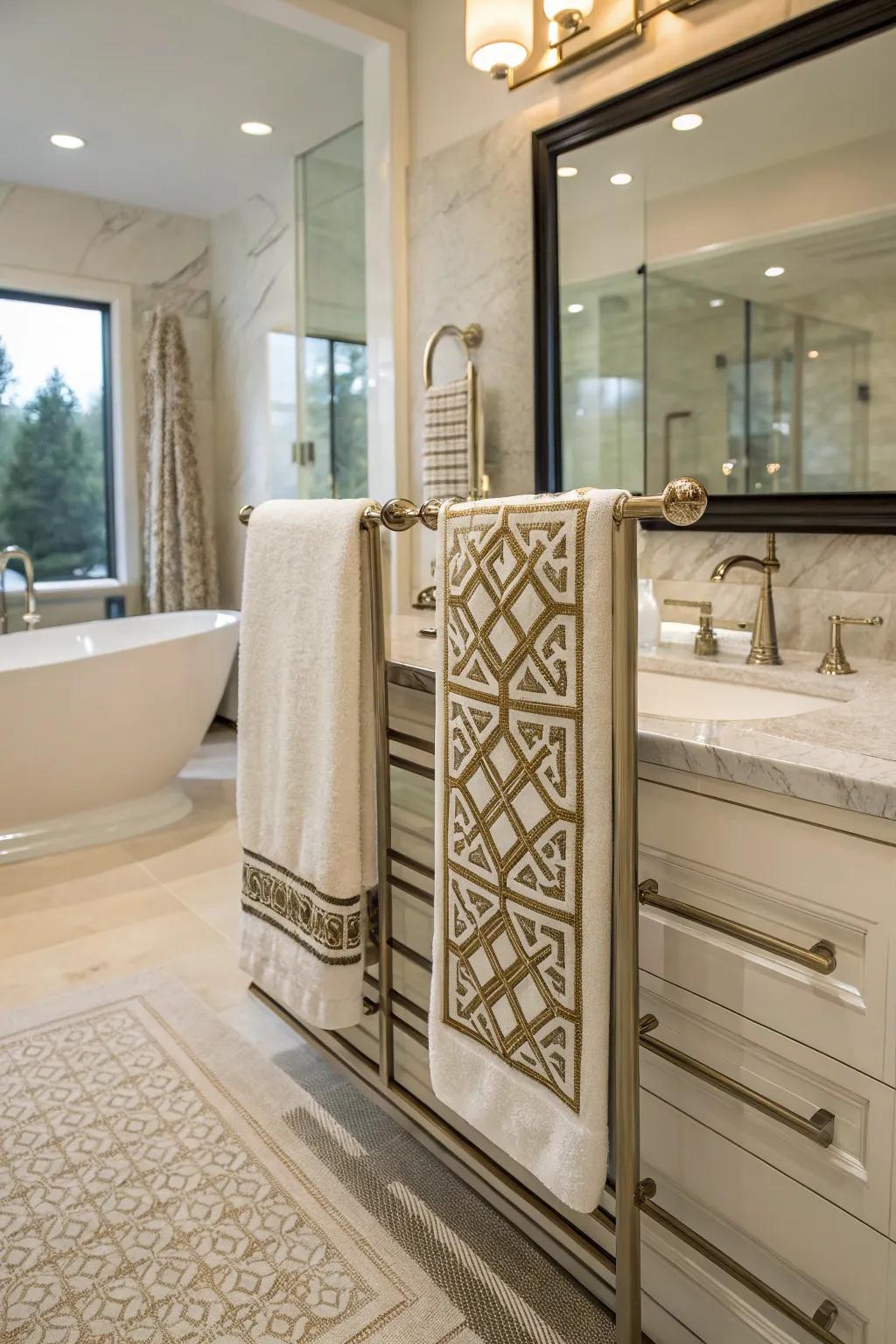 Architectural elements can transform towel bars into art.