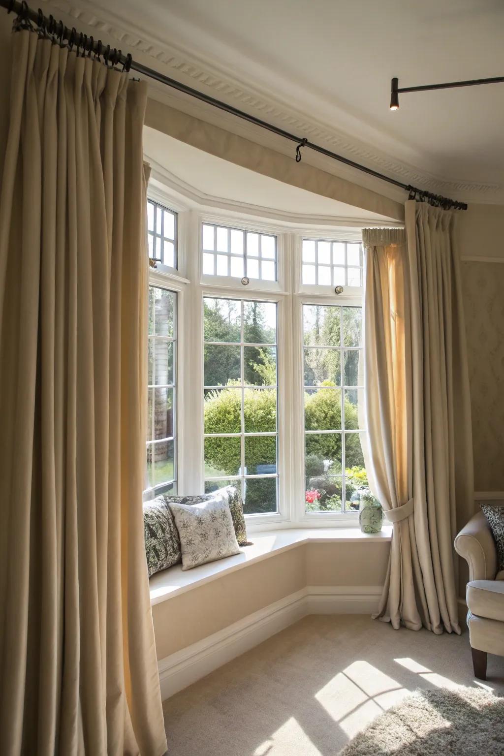 Bold curtain rods serving as statement pieces for bay windows.