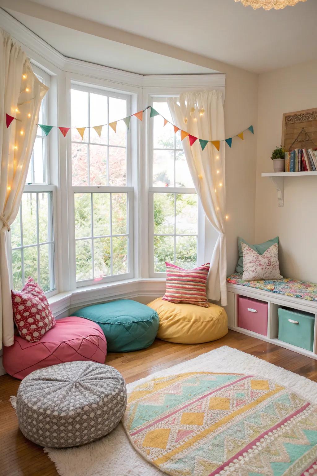 Create a playful and cozy corner for kids in your bay window space.