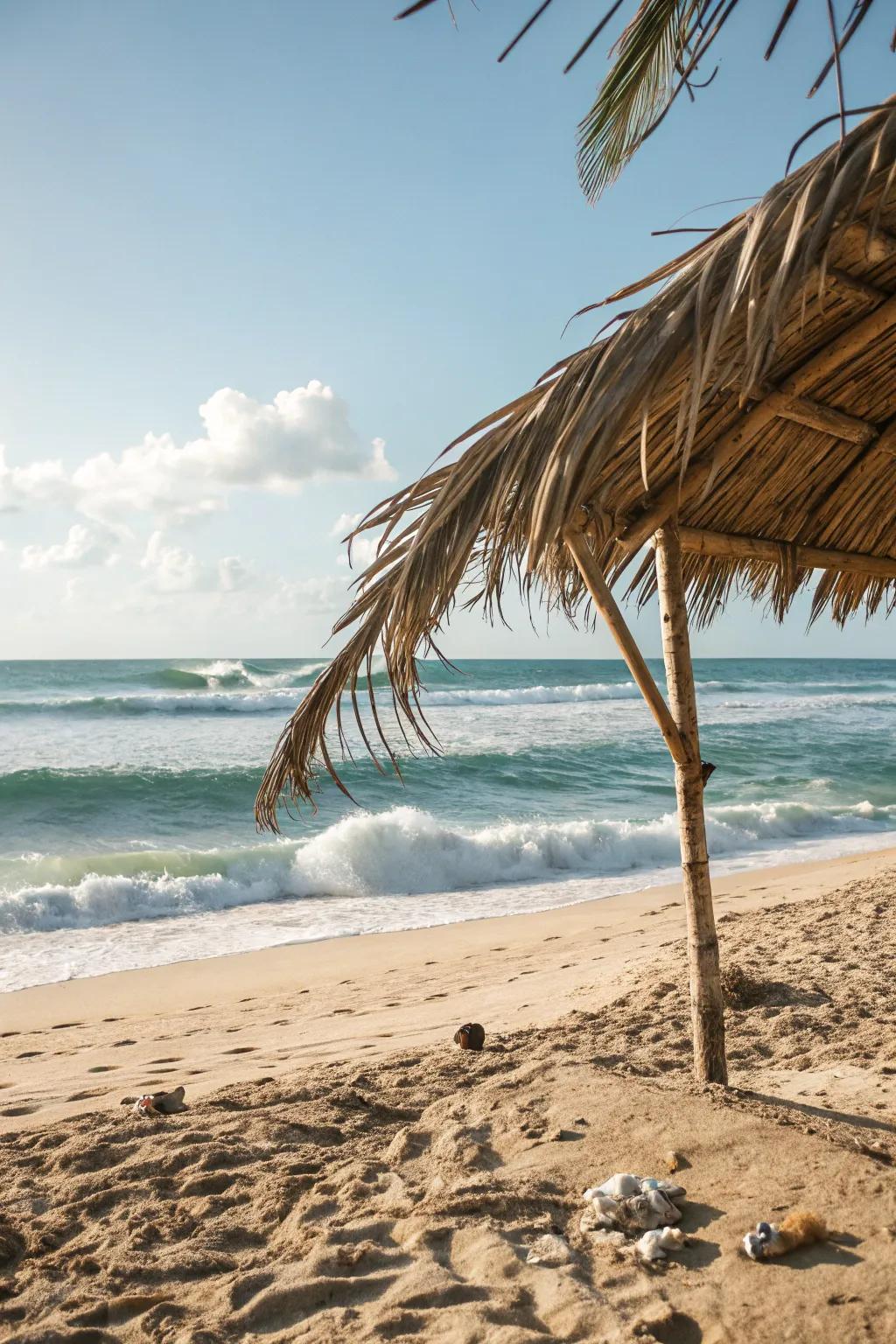 Palm leaf shades offer a natural and eco-friendly beach retreat.