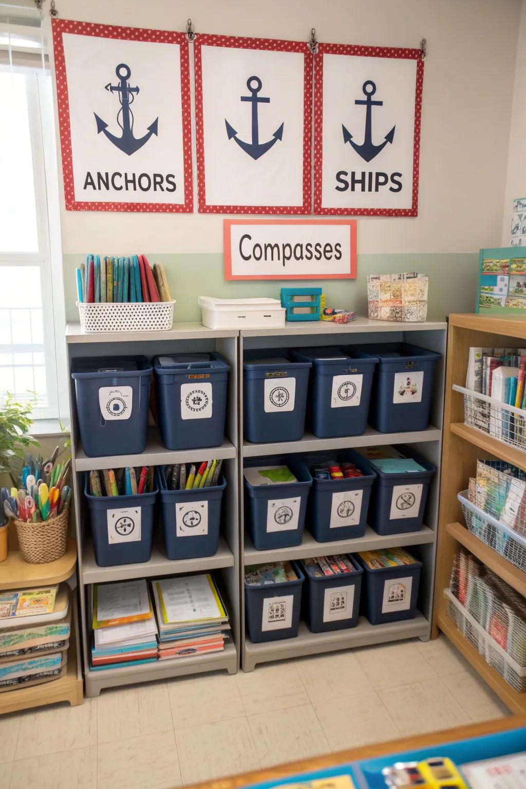 Nautical themed labels bring order and style to classroom organization.