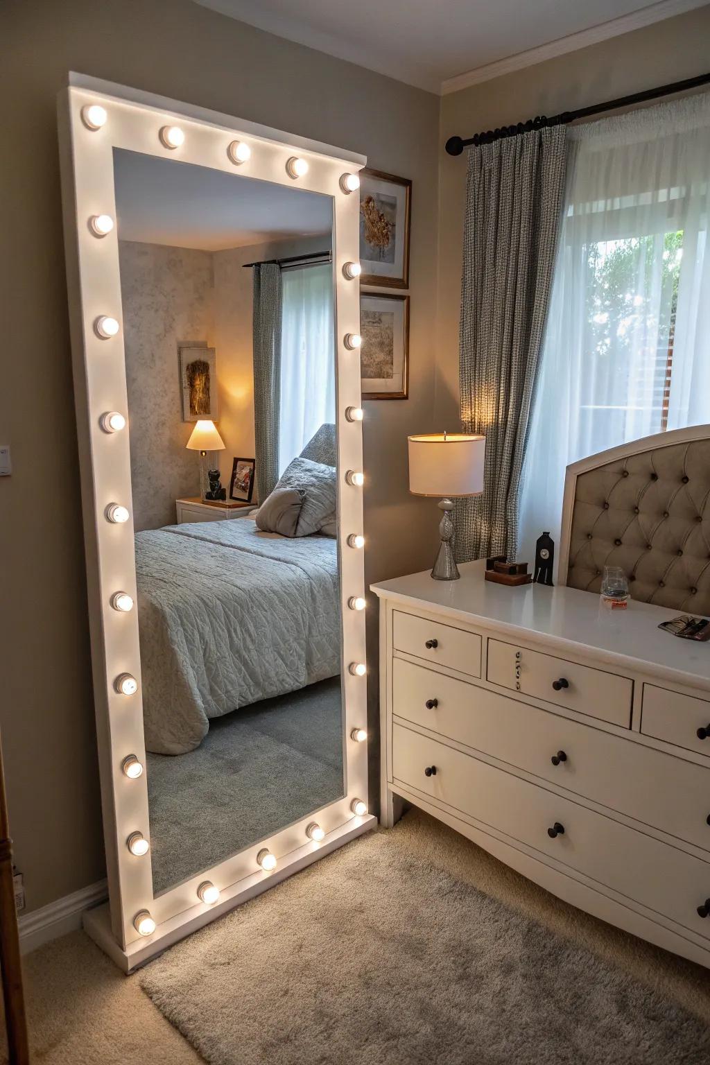 A mirror with integrated lighting, adding both functionality and style to the bedroom.