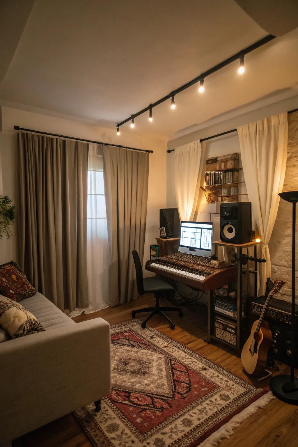 Soundproof curtains help maintain a quiet and focused environment in your music studio.