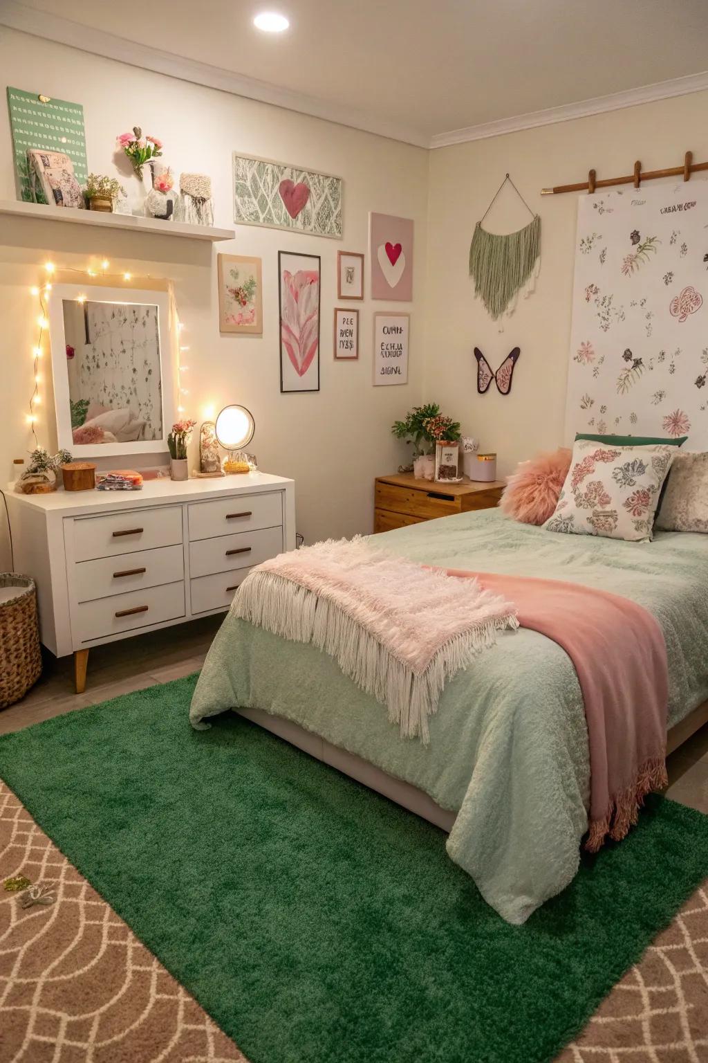 Personalized art and decor add character to the bedroom, harmonizing with the green carpet.