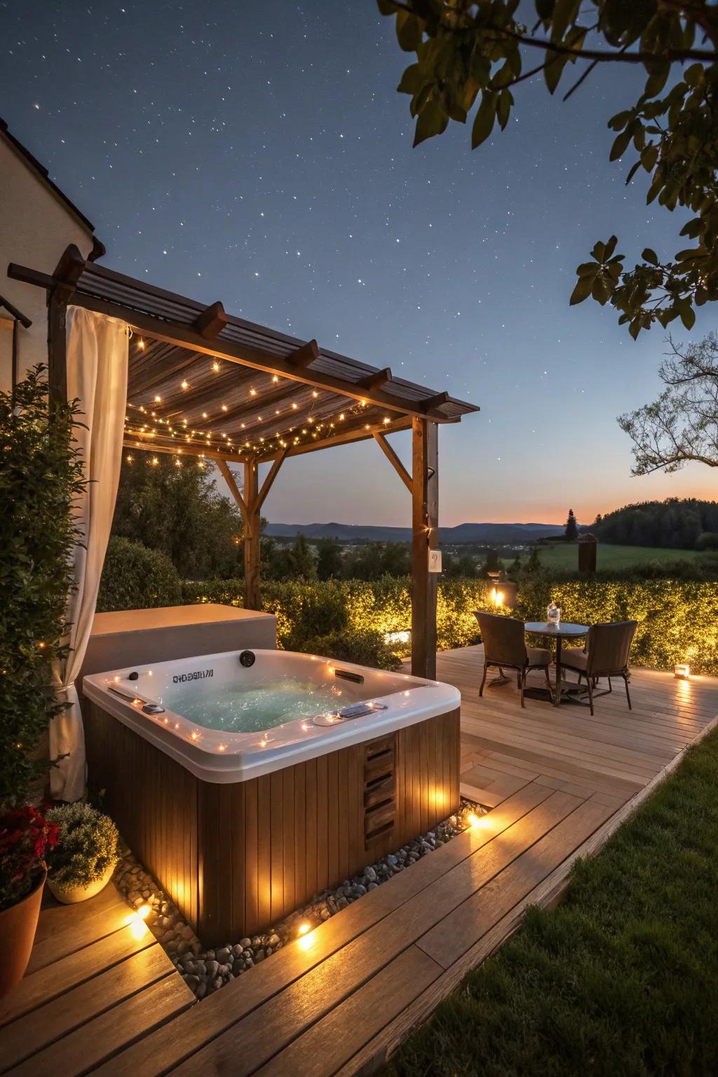 A hot tub provides warmth and relaxation on chilly evenings.