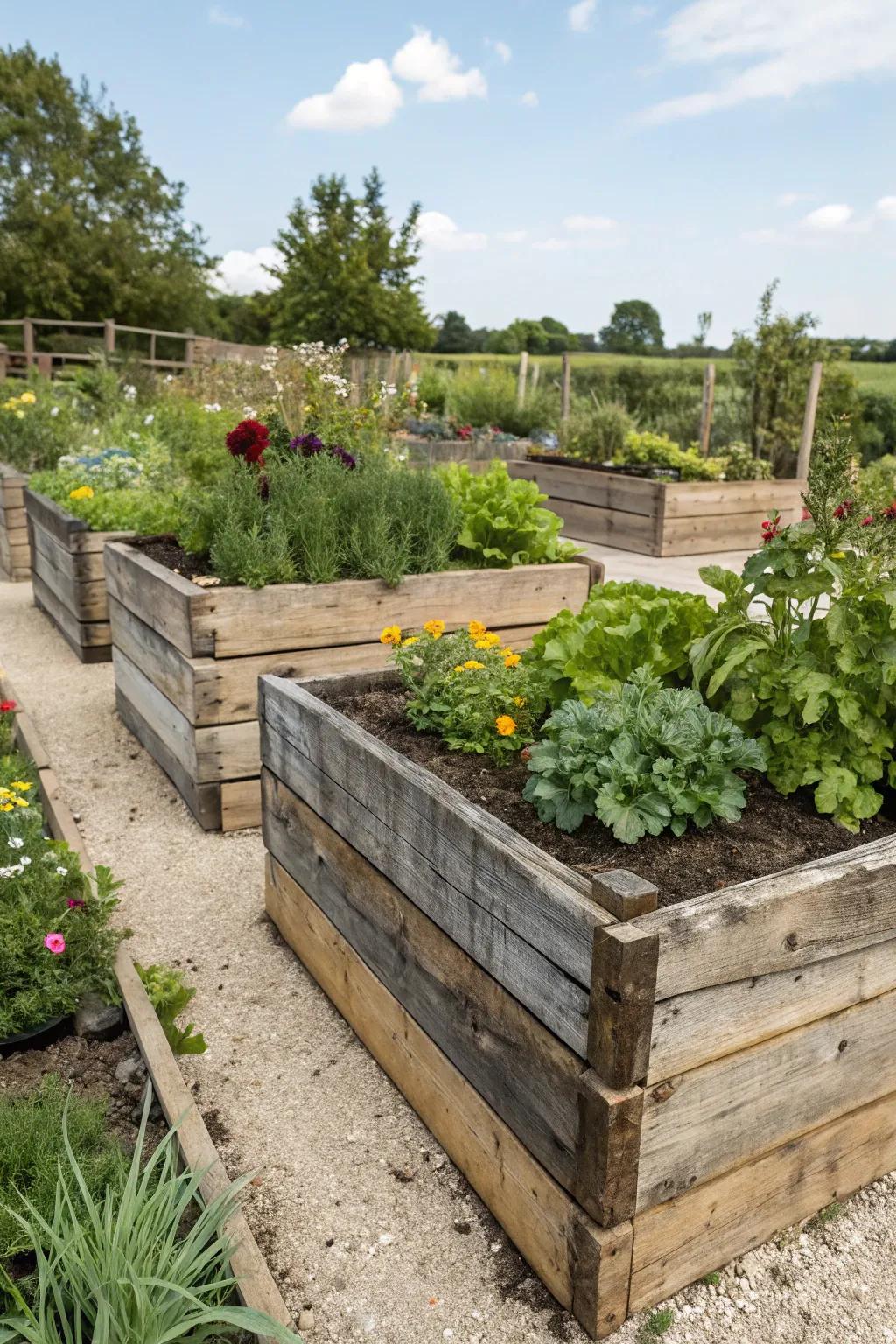 Reclaimed wood adds a rustic and sustainable touch to your garden.