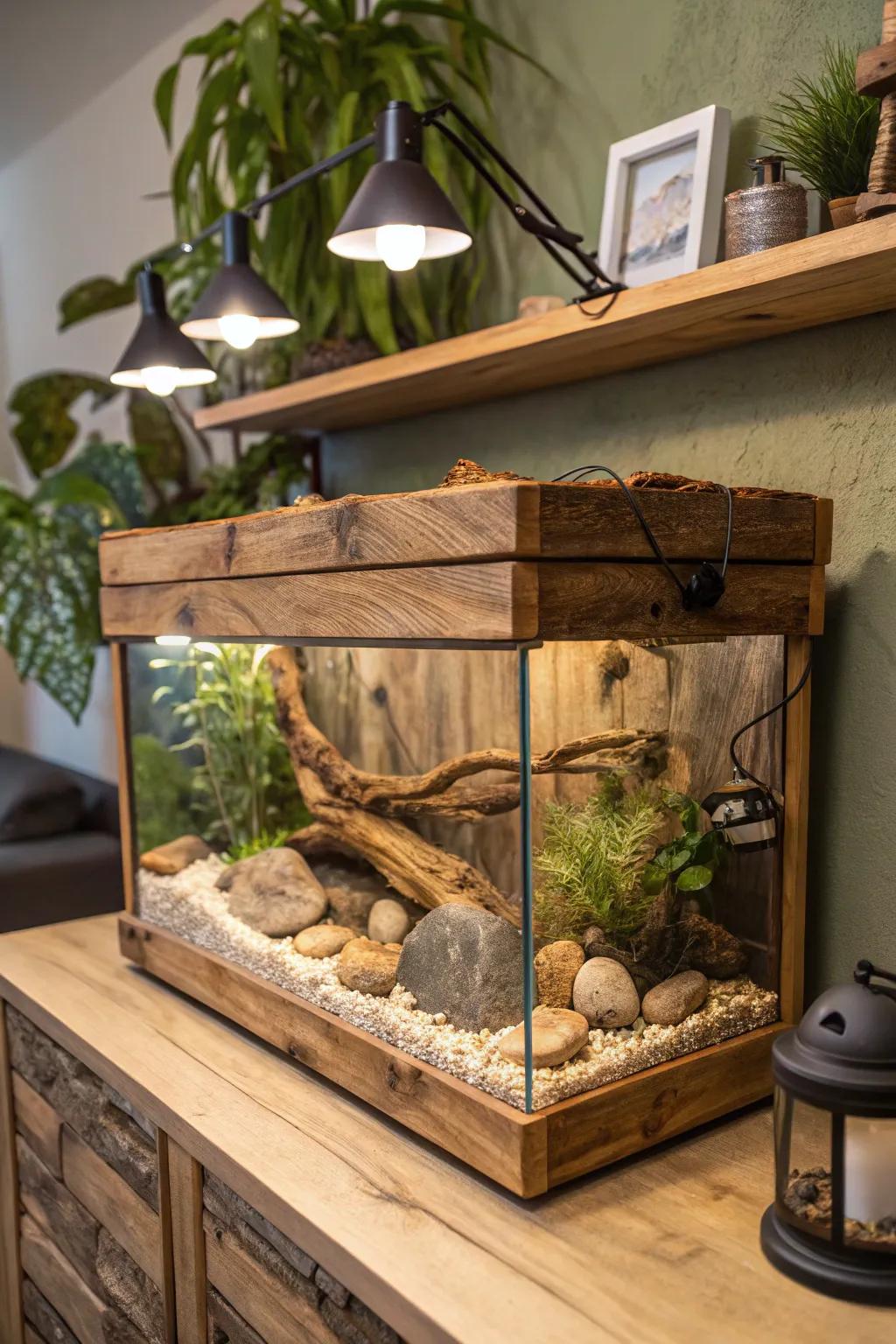 A rustic retreat for your betta with natural wood elements.