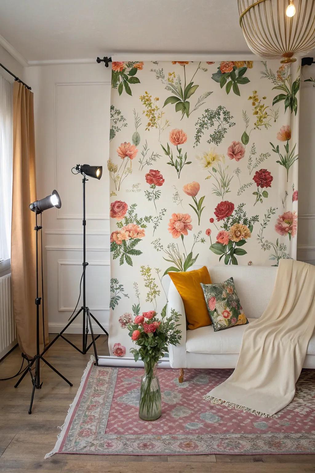 A floral wall serves as a stylish photo backdrop in a home setting.